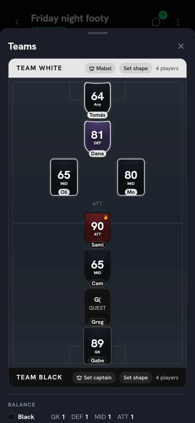 The Teams sheet: both teams on one pitch, each player a card.